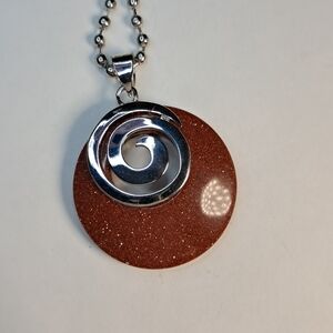 Sparkly Circular & Brown Goldstone Gemstone Necklace (Silvertone)